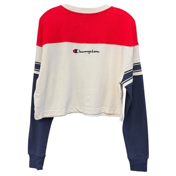 Champion Small Cropped Long Sleeve Shirt Red Navy Cream Colorblock Logo - Picture 2 of 6